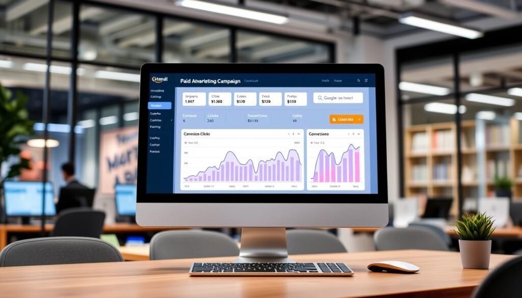 Dashboard de campanha de anúncios pagos mostrando métricas e resultados