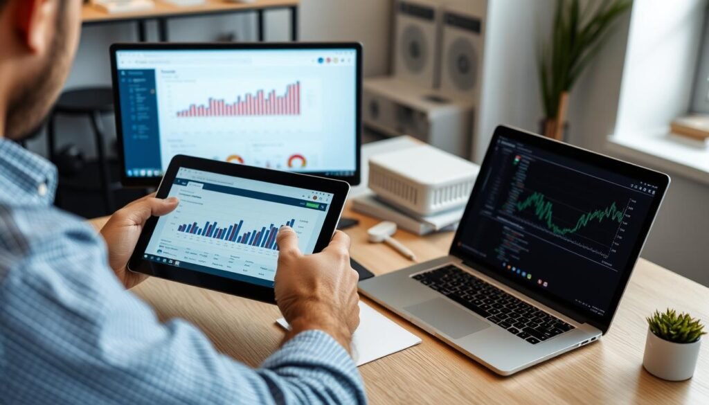 Empresário analisando resultados de campanhas de anúncios grátis e pagos