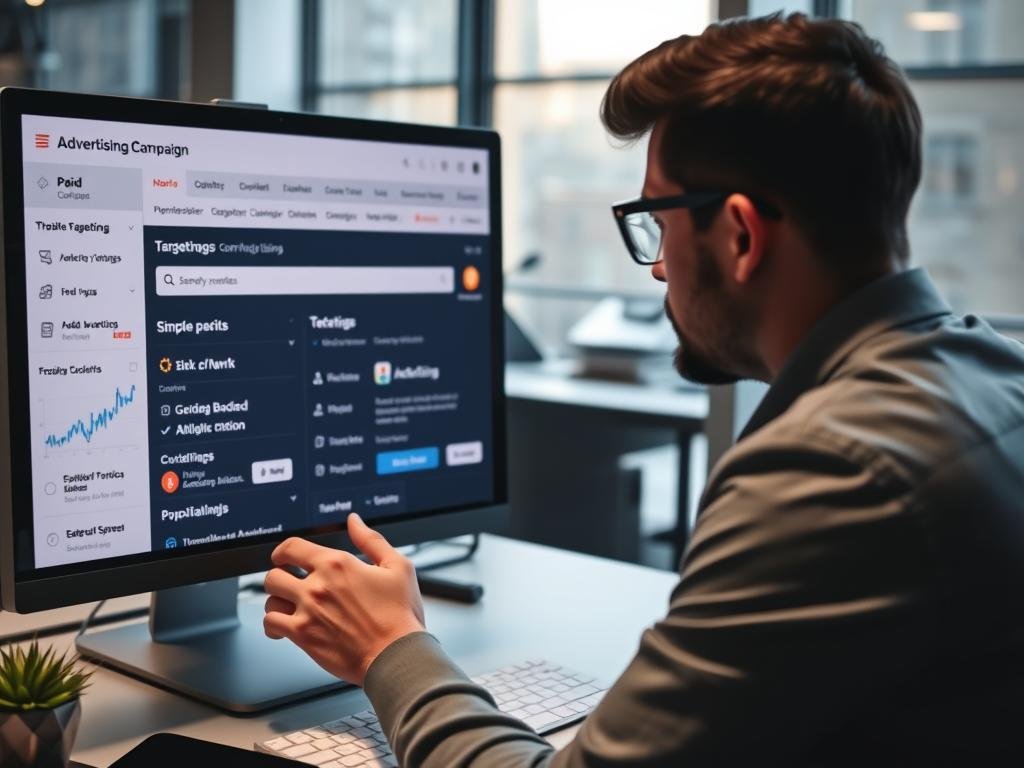 Profissional configurando campanha de anúncios pagos em plataforma digital